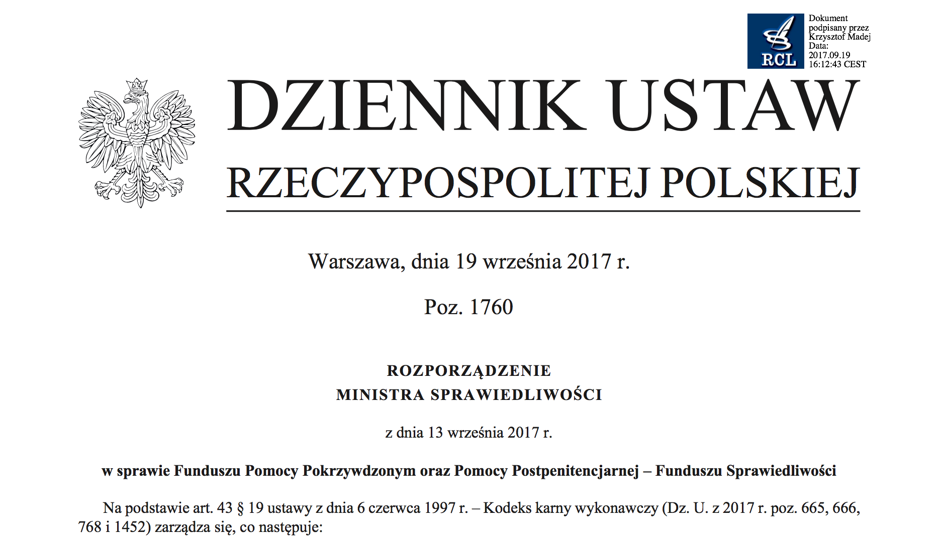 Rozporządzenie Ministra Sprawiedliwości Z Dnia 13 Września 2017 R. W ...